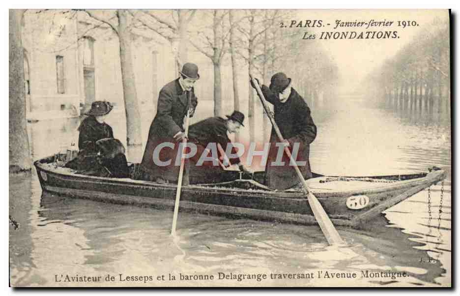 CPA Avion Aviation Paris Inondations 1910 L'aviateur de Lesseps et la baronne Delagrange Avenue Montaigne
