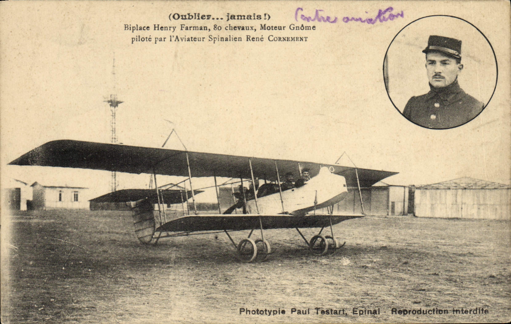 CPA Avion Aviation Biplan Henry Farman Moteur Gnome Aviateur Spinalien Rene Cornement 