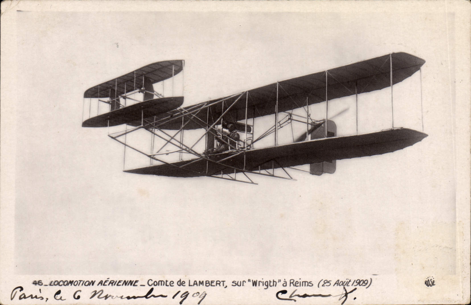 CPA Avion Aviation Comte de Lambert sur Wrigth a Reims 25 aout 1909