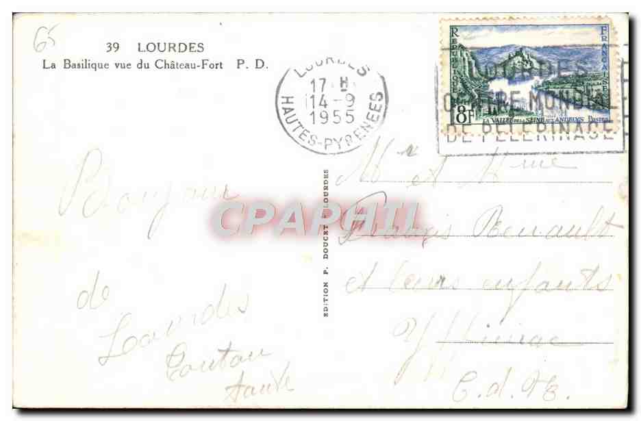 Lourdes — La Basilique vue du Château-Fort — Édition P. Doucet Lourdes n°39 — Verso