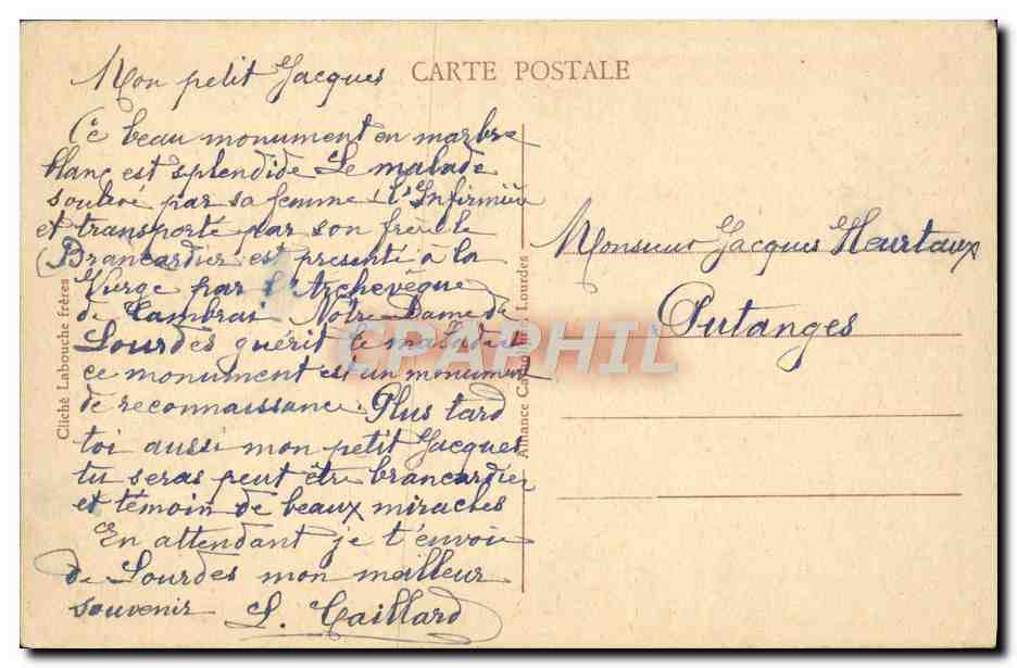 CPA Lourdes Monument offert par le diocese de Cambrai — Verso