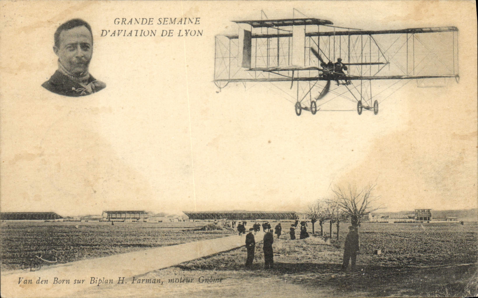 CPA Avion Aviation Lyon Van den Born sur biplan H Farman moteur Gnome 