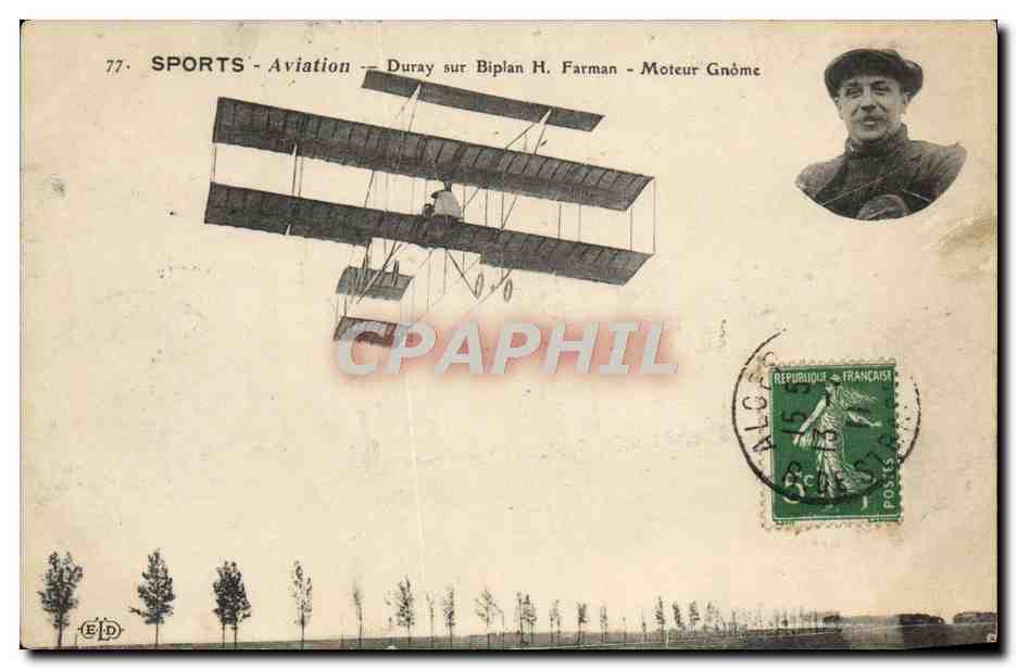Aviation — Duray sur Biplan H. Farman — Moteur Gnôme — Éditeur E.D. n°77