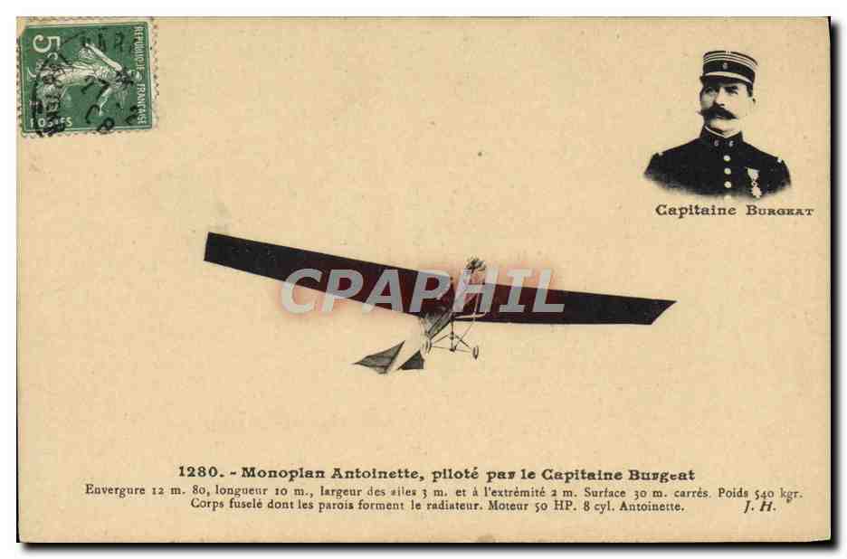 CPA Avion Aviation Monoplan Antoinette pilote par le capitaine Burgeat 
