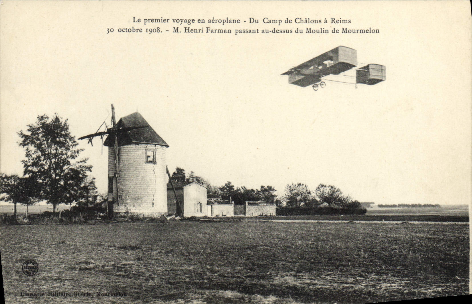 CPA Avion Aviation Le premier voyage en aeroplane Du Camp de Chalons a Reims Henri Farman Moulin de Mourmelon 
