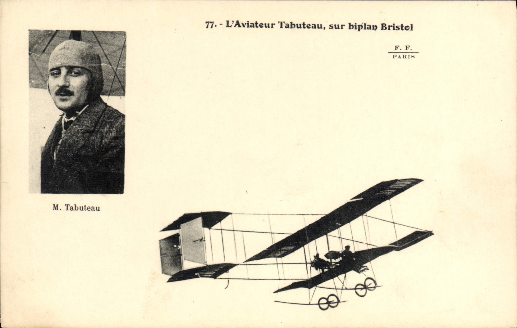 L'Aviateur Tabuteau, sur biplan Bristol — F.F. PARIS, n°77