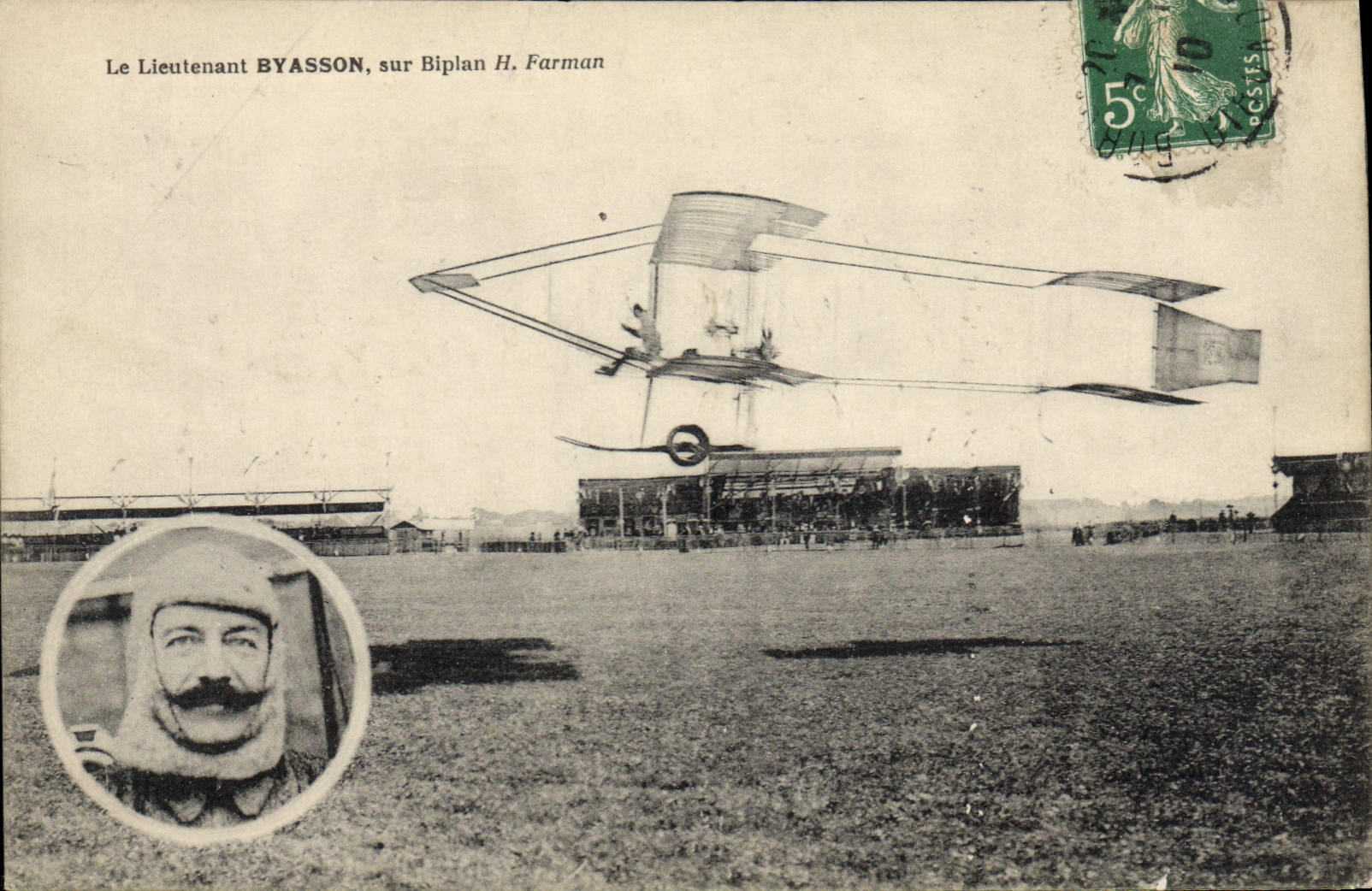Leutnant BYASSON, auf H. Farman-Doppeldecker — Ansichtskarte mit 5-Cent-Stempel