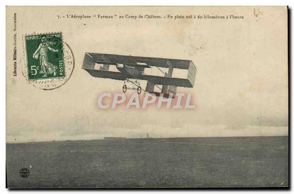 CPA Avion Aviation Aeroplane Farman au camp de Chalons En plein vol a 60 kilometres a l'heure 