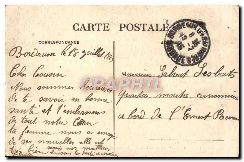 CPA Bordeaux Place de la Bourse La Bourse Fontaine des Trois Graces et la Rade — Verso