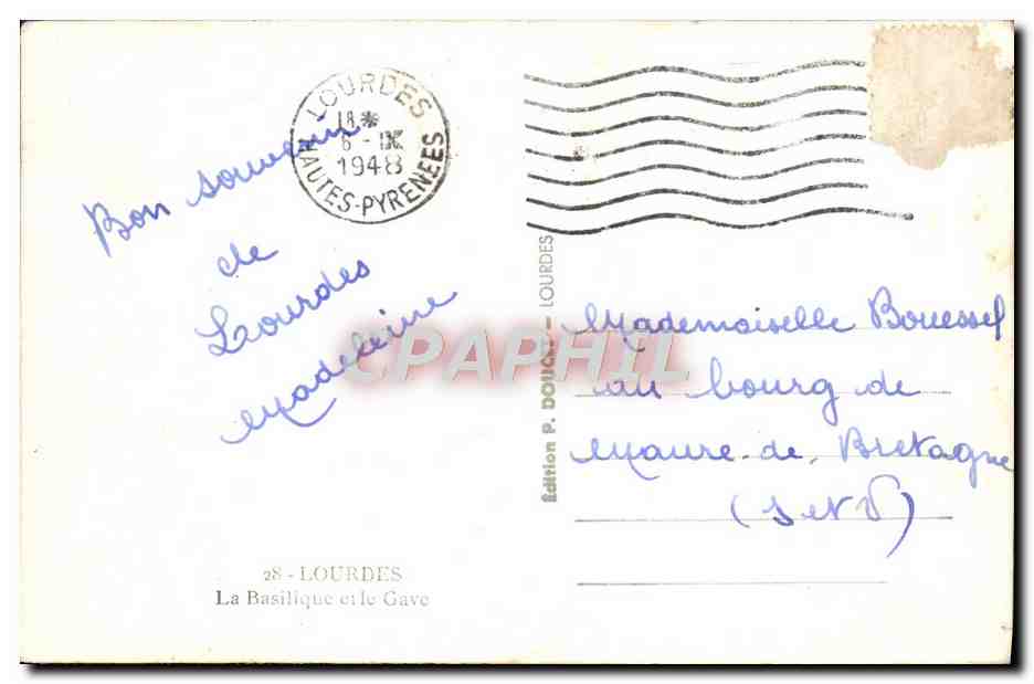 CPA Lourdes La Basilique et le Gave — Verso