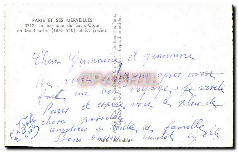CPM Paris Et Ses Merveilles La Basilique du Sacre Coeur de Montmartre et les jardins — Rückseite