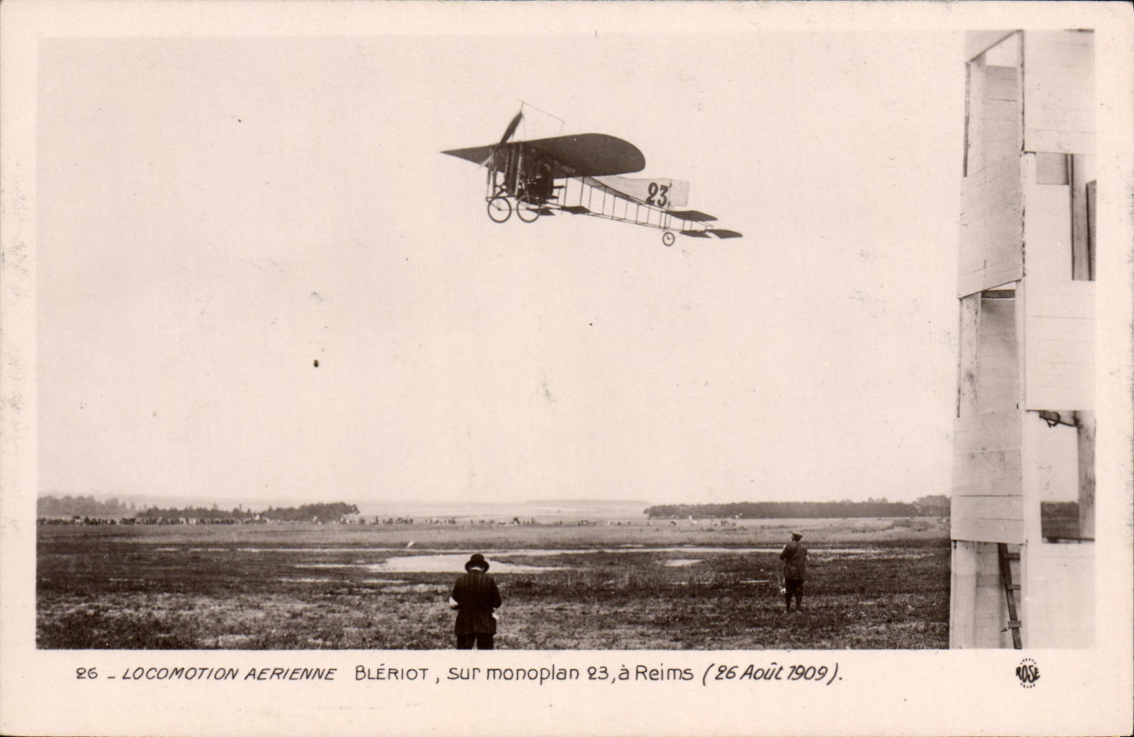 Locomotion aérienne Blériot, sur monoplan 23, à Reims — 26 Août 1909 — éditeur ROSE