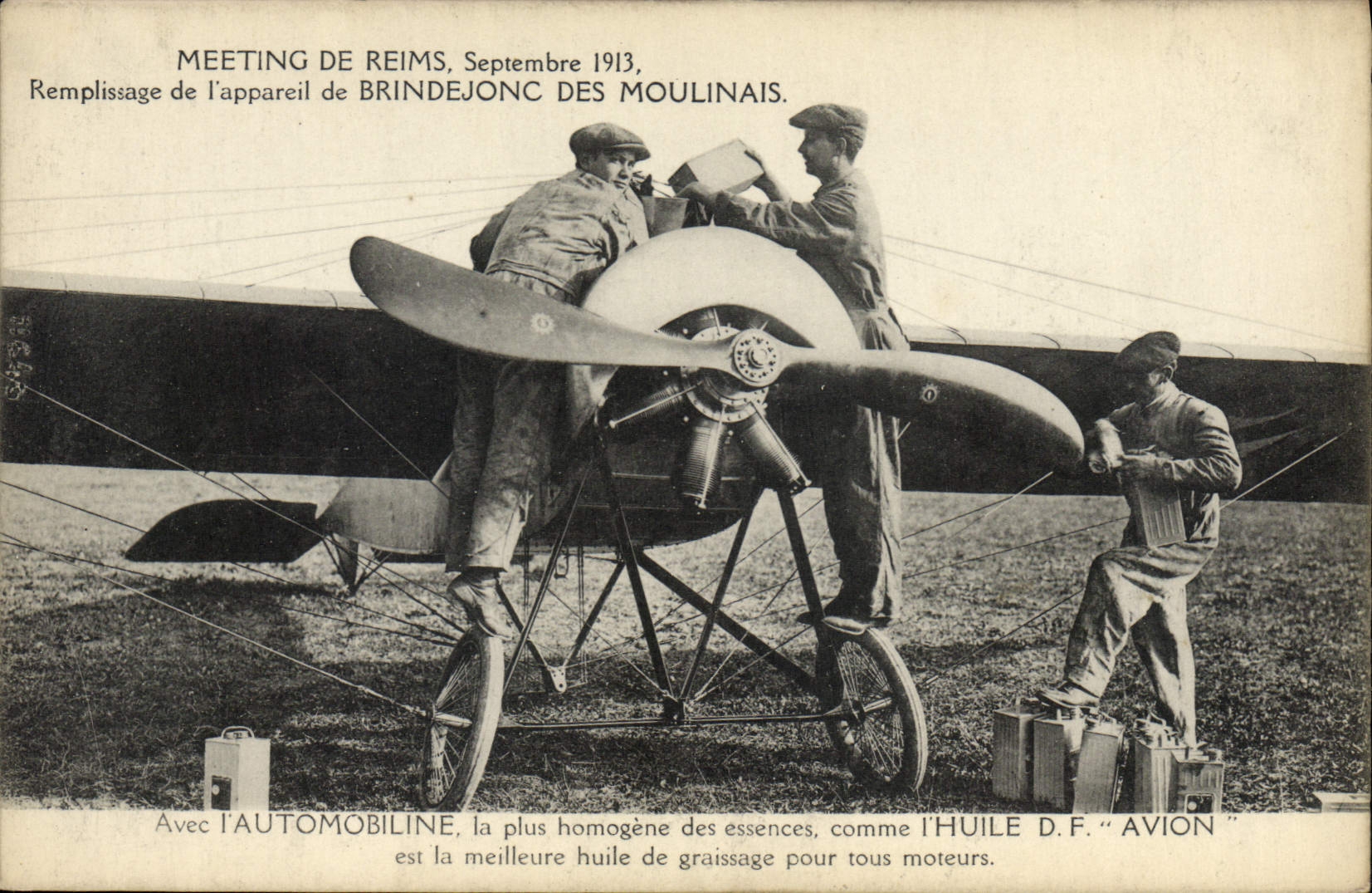 CPA Avion Aviation Meeting de Reims Septembre 1913 Remplissage de l'appareil de Brindejonc des Moulinais Automobiline 