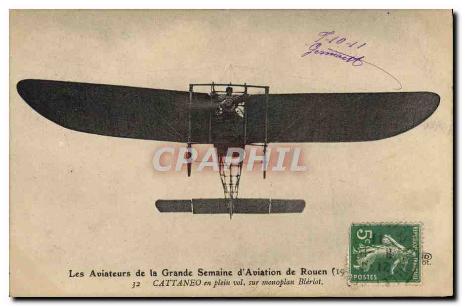 CPA Avion Aviation Aviateurs de la grande semaine de Rouen Cattaneo en plein vol sur monoplan Bleriot 