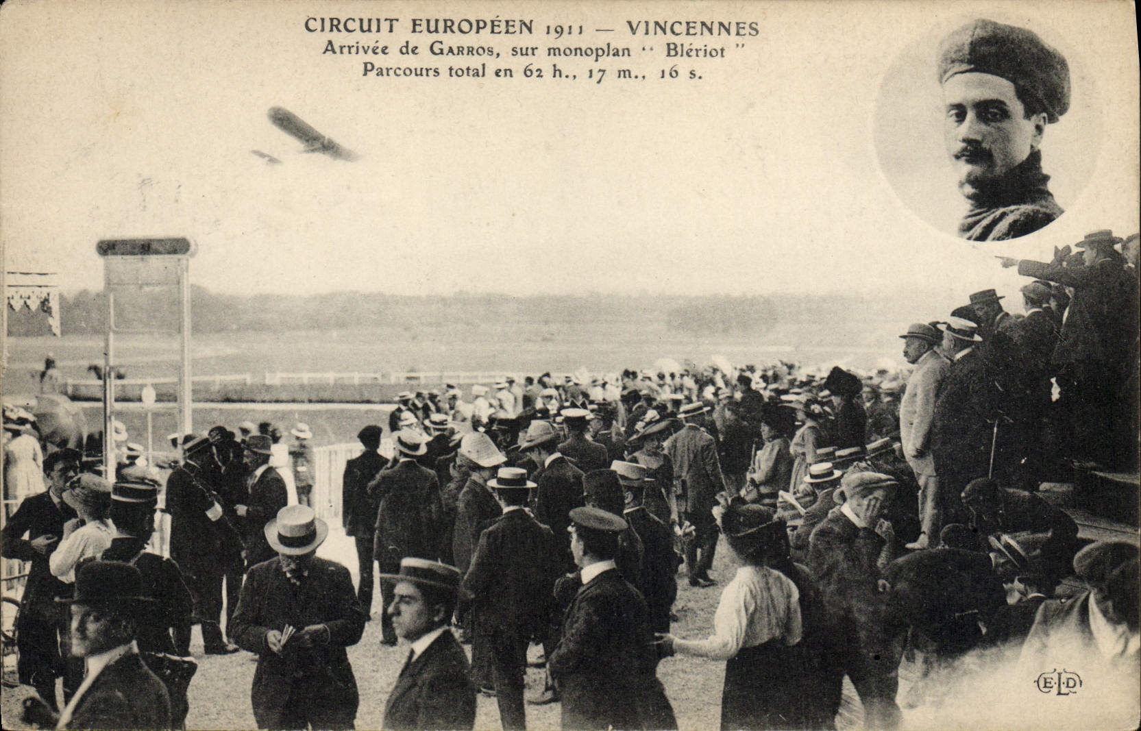 Arrivée de Garros sur monoplan 'Blériot' — Circuit Européen 1911 — Vincennes