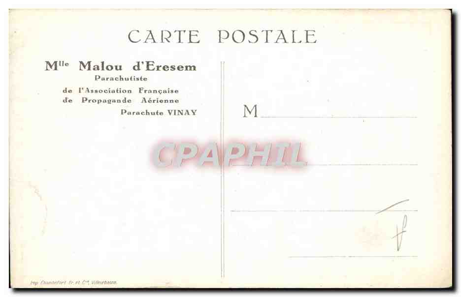 CPA Avion Aviation Mlle malou d'Eresem Parachutiste  — Rückseite