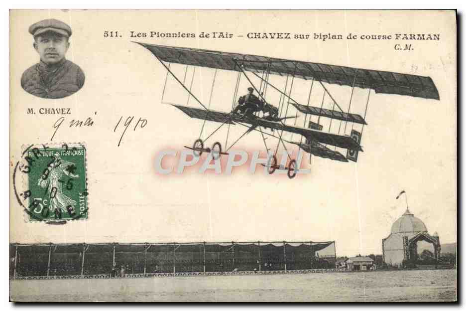 CPA Avion Aviation Chavez sur biplan de course Farman 
