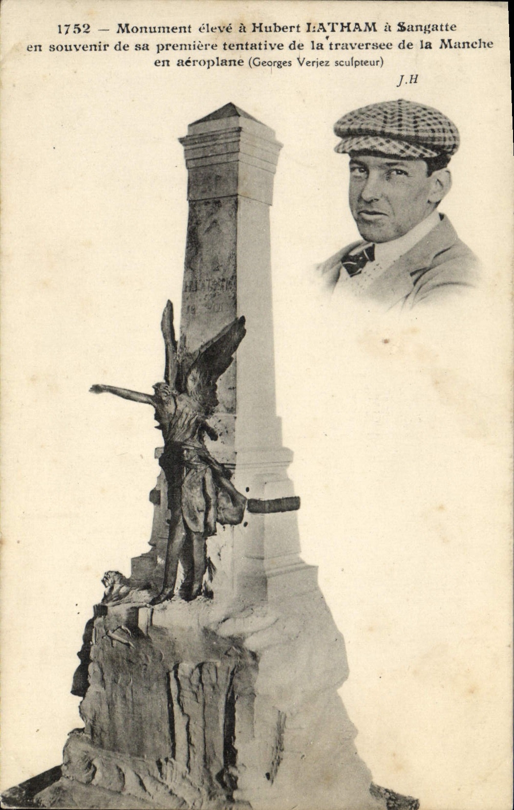 CPA Avion Aviation Monument eleve Hubert Latham a Sangatte Traversee de la Manche 