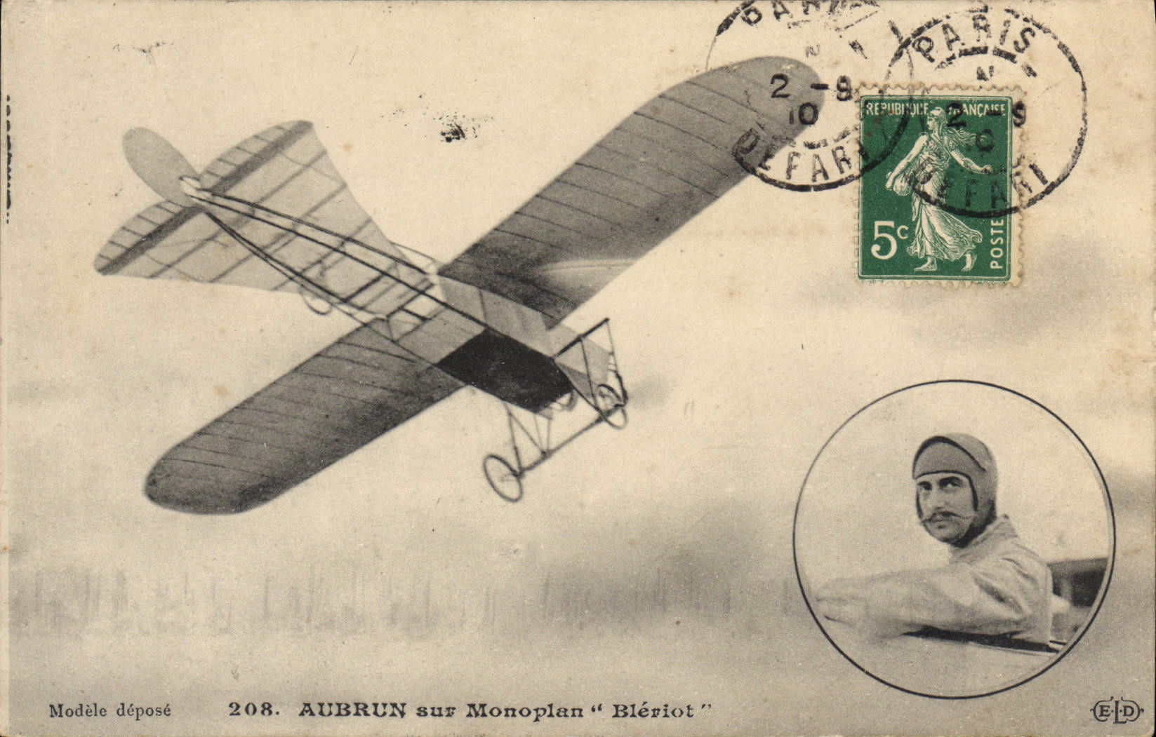 Aubrun sur Monoplan "Blériot" — Modèle déposé n°208 — Éditeur ELD