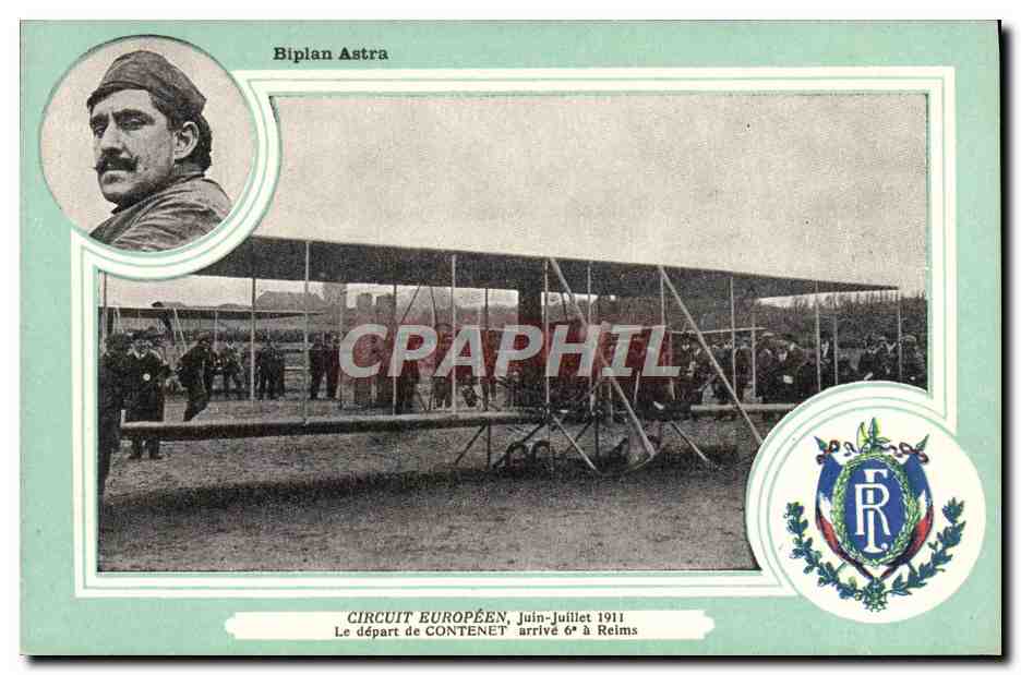 CPA Avion Aviation Biplan Astra Circuit Europeen Juin Juillet 1911 Le depart de Contenet arrive 6eme a Reims