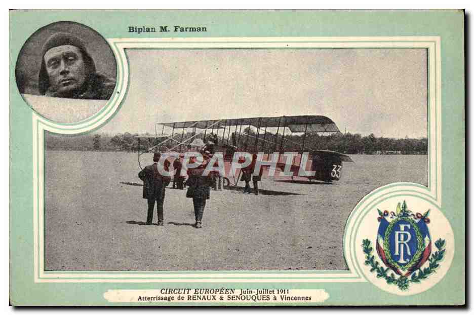 CPA Avion Aviation Biplan M Farman Circuit Europeen Juin Juin 1911 Atterrissage de Renaux & Senouques a Vincennes
