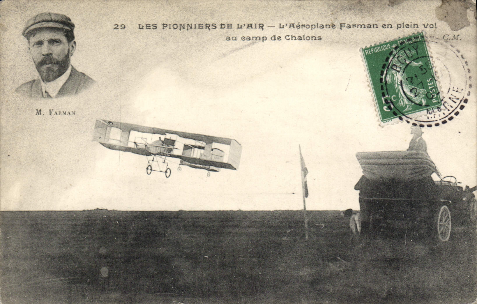CPA Avion Aviation Aeroplane Farman en plein vol au camp de Chalons 