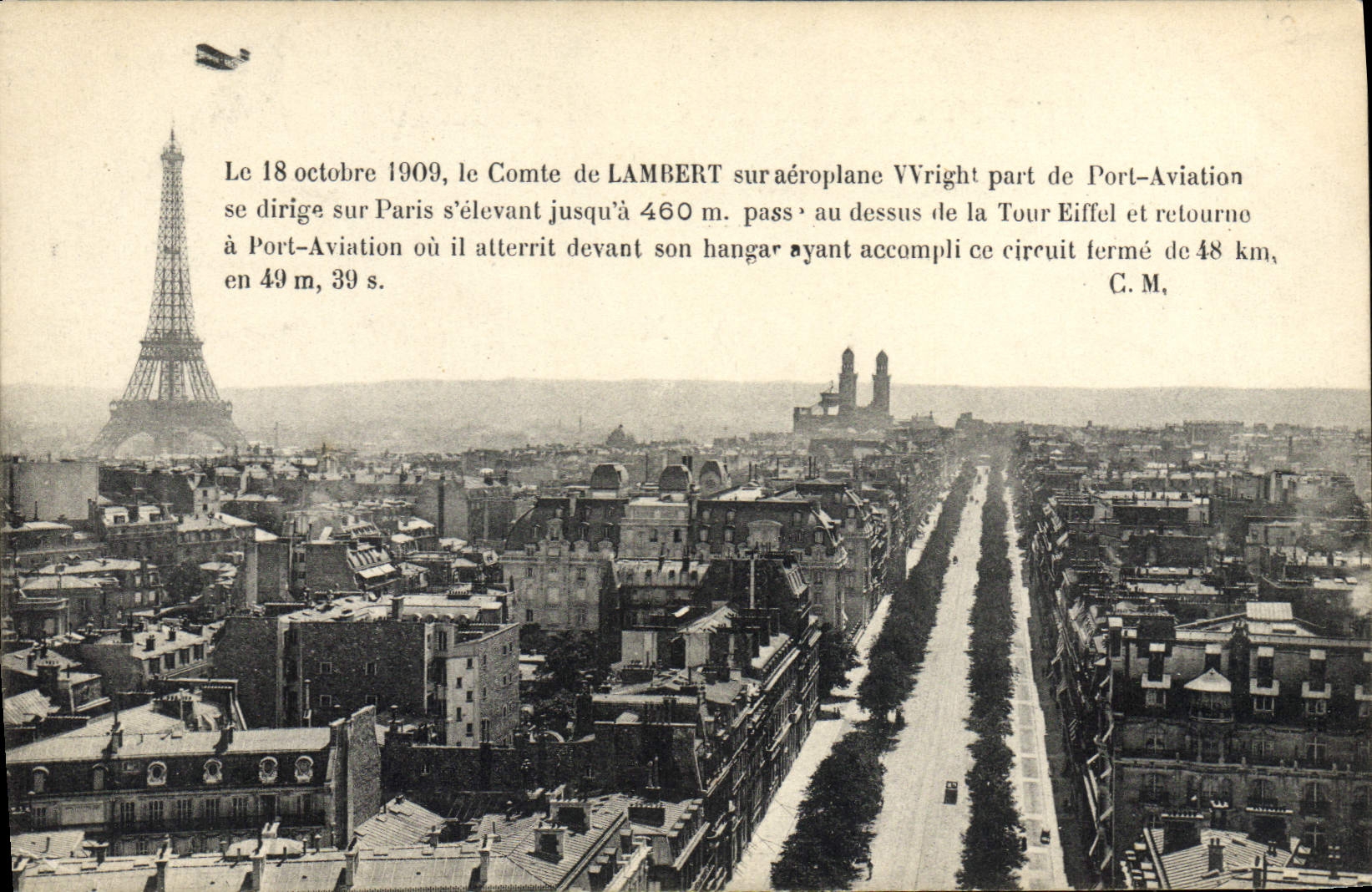 CPA Avion Aviation Comte de Lambert sur aeroplane Wright part de Port Aviation se dirige vers Paris 