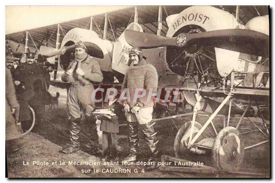 CPA Avion Aviation le pilote et le mecancien avant leur depart pour l'Australie sur le Caudron G4 Australie 