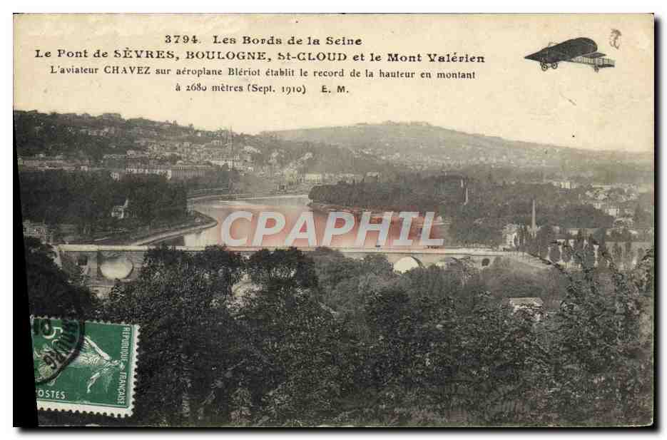 CPA Avion Aviation Bords de la Seine Le pont de Sevres Boulogne St Cloud et le Mont Valerien Aviateur Chavez Bleriot