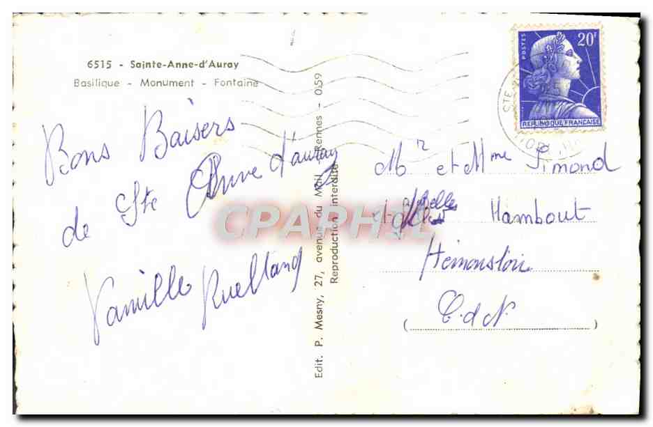 CPM Sainte Anne D'Auray Basilique Mounment Fontaine — Verso