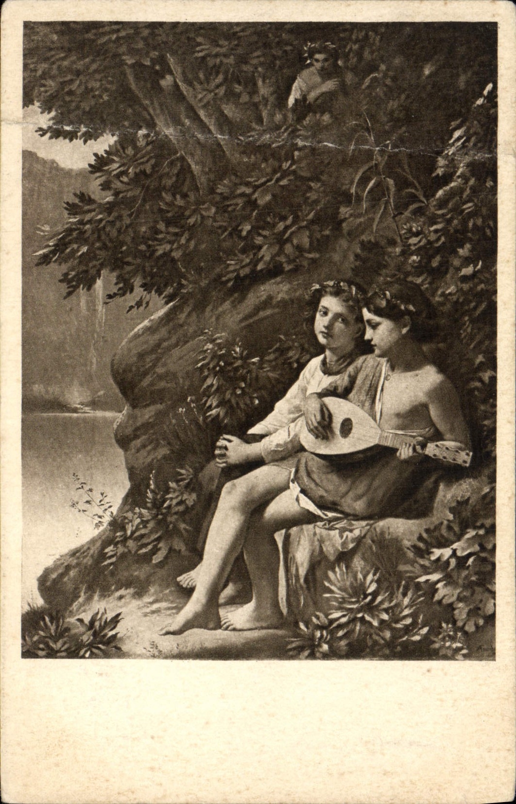 Zwei junge Frauen unter einem Baum — pastorale Szene — F.A. Ackermann & Cie, Serie 2641