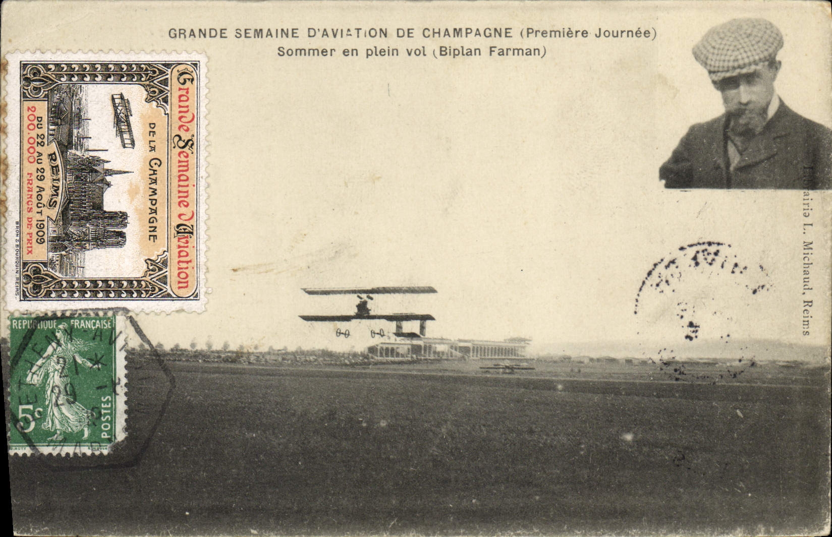 Grande Semaine d'Aviation de Champagne — Première Journée — Biplan Farman — Éditeur L. Michaud, Reims