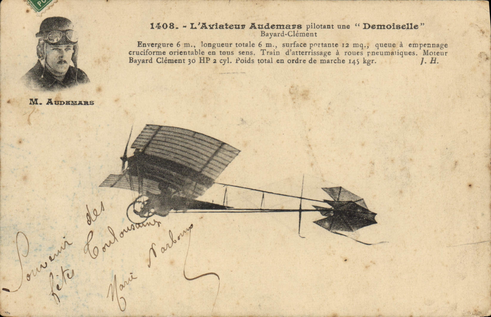 CPA Avion Aviation Aviateur Audemars pilotant une Demoiselle Bayard Clement 