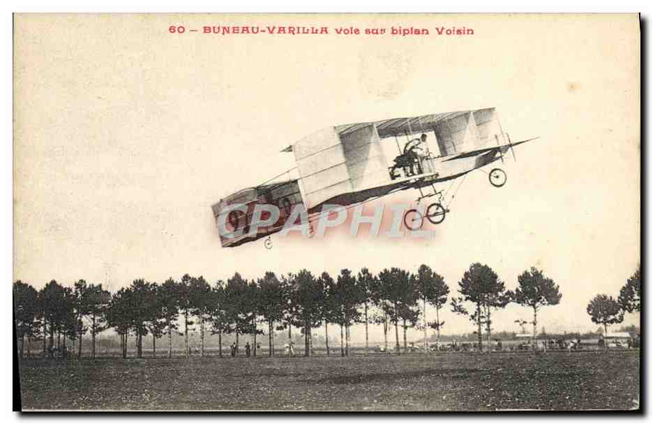 CPA Avion Aviation Buneau Varilla vole sur son biplan Voisin