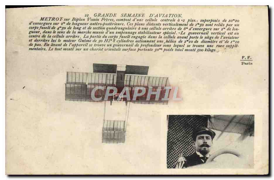 CPA Avion Aviation Grande semaine d'aviation Metrot sur biplan Voisin Freres 
