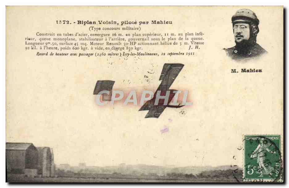 CPA Avion Aviation Biplan Voisin pilote par Mahieu