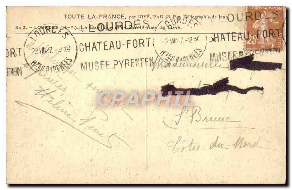 CPA Lourdes La basilique et la grotte vues du GAve — Verso