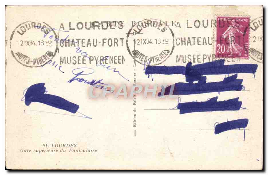 CPA Lourdes Gare superieure du Funiculaire — Verso