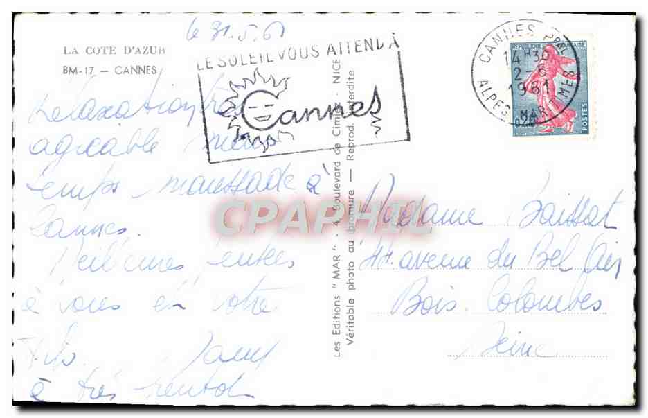 CPM La Cote D'Azur Cannes — Verso