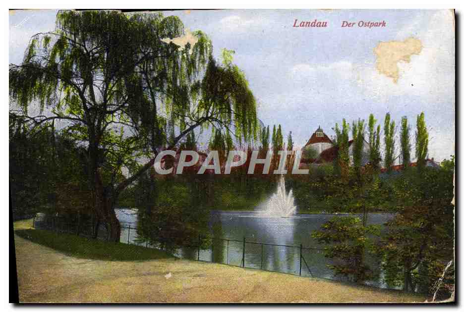 Landau Der Ostpark — vue du lac avec fontaine et saule pleureur — éditeur non identifié