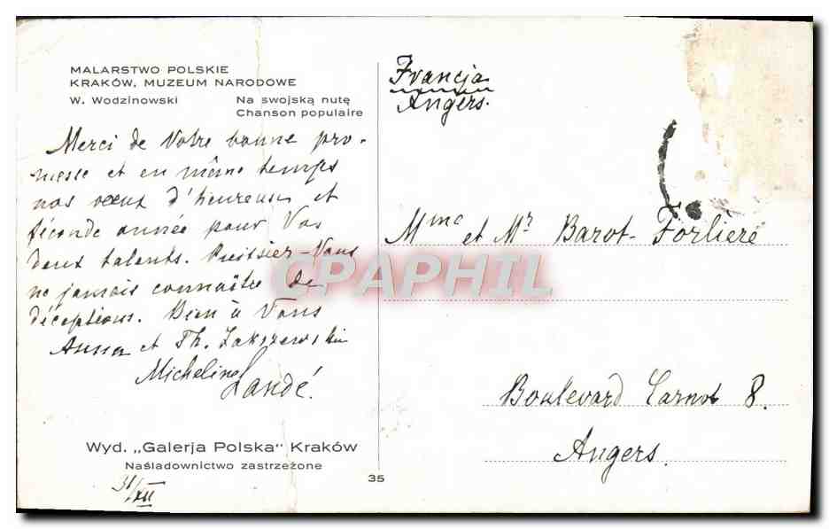 CPA Wodzinowski Krakow Chanson populaire — Verso