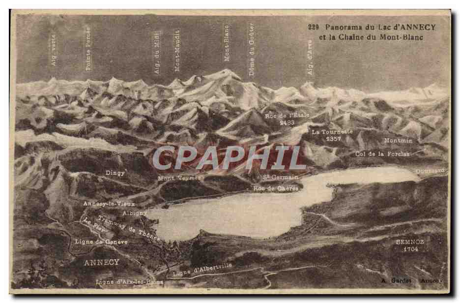 Panorama du Lac d'Annecy et la Chaîne du Mont-Blanc — n° 229 — A. Gardet, Annecy