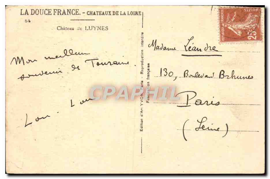CPA LLa Douce France Chateaux De La Loire Luynes — Rückseite