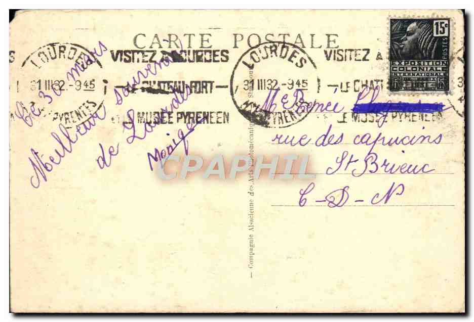 CPA Lourdes Basilique et le Pyrenees — Verso