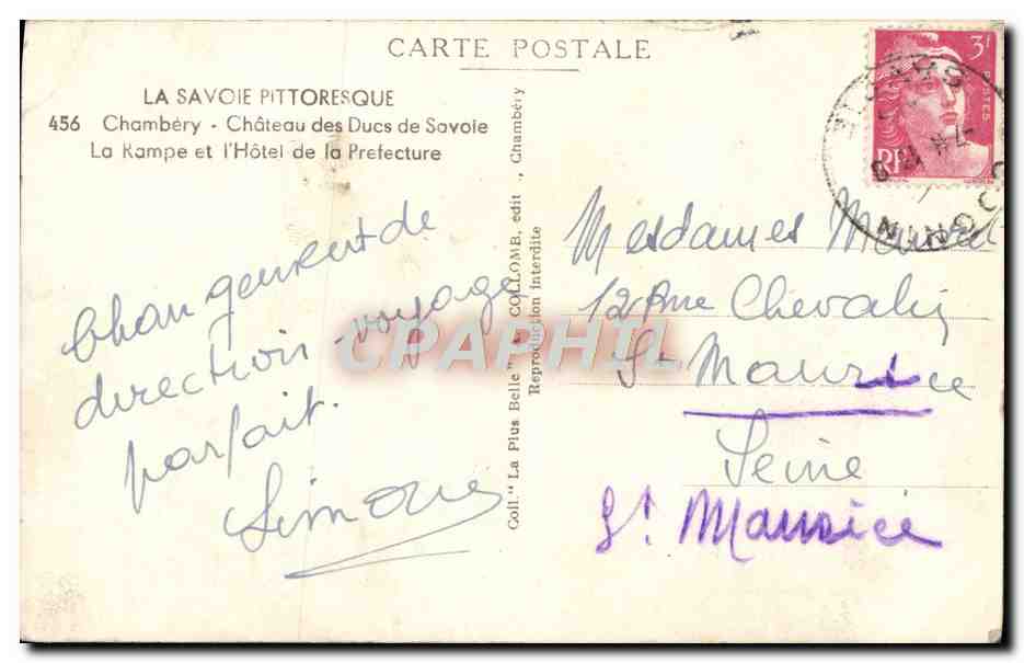 Chambéry — Château des Ducs de Savoie — éditeur Collomb, n°456 — Reverso