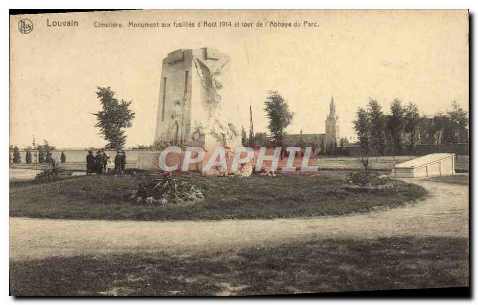 Louvain - Cemeteries. Monument to the Victims of August 1914 Shooting and Tower of the Abbey of the Park.