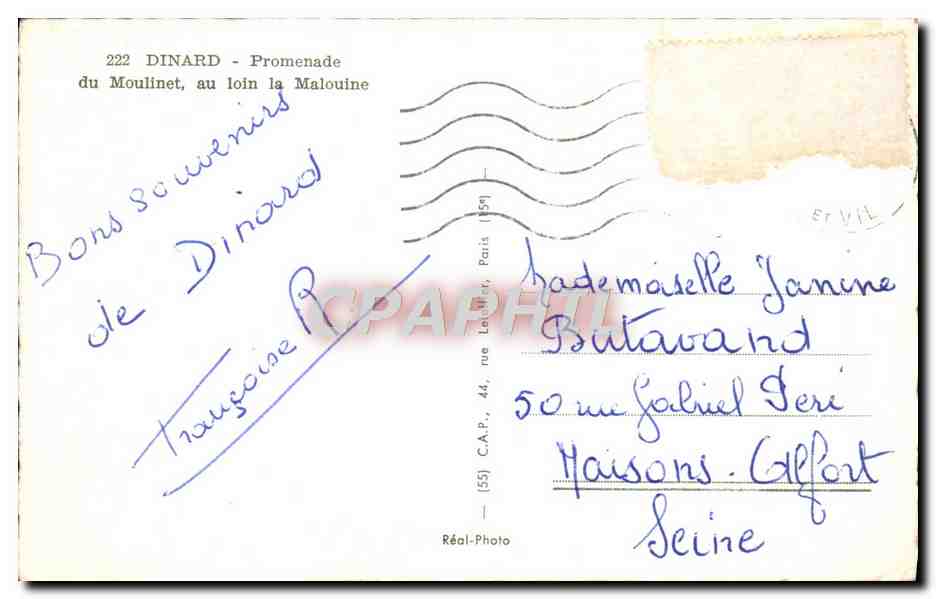 CPM Dinard Promenade Du Moulinet Au Loin La Malouine — Verso