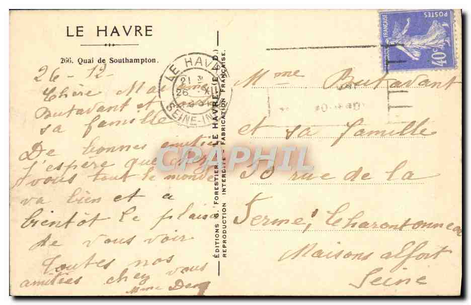 CPA Le Havre Quai de Southampton Bateau — Rückseite