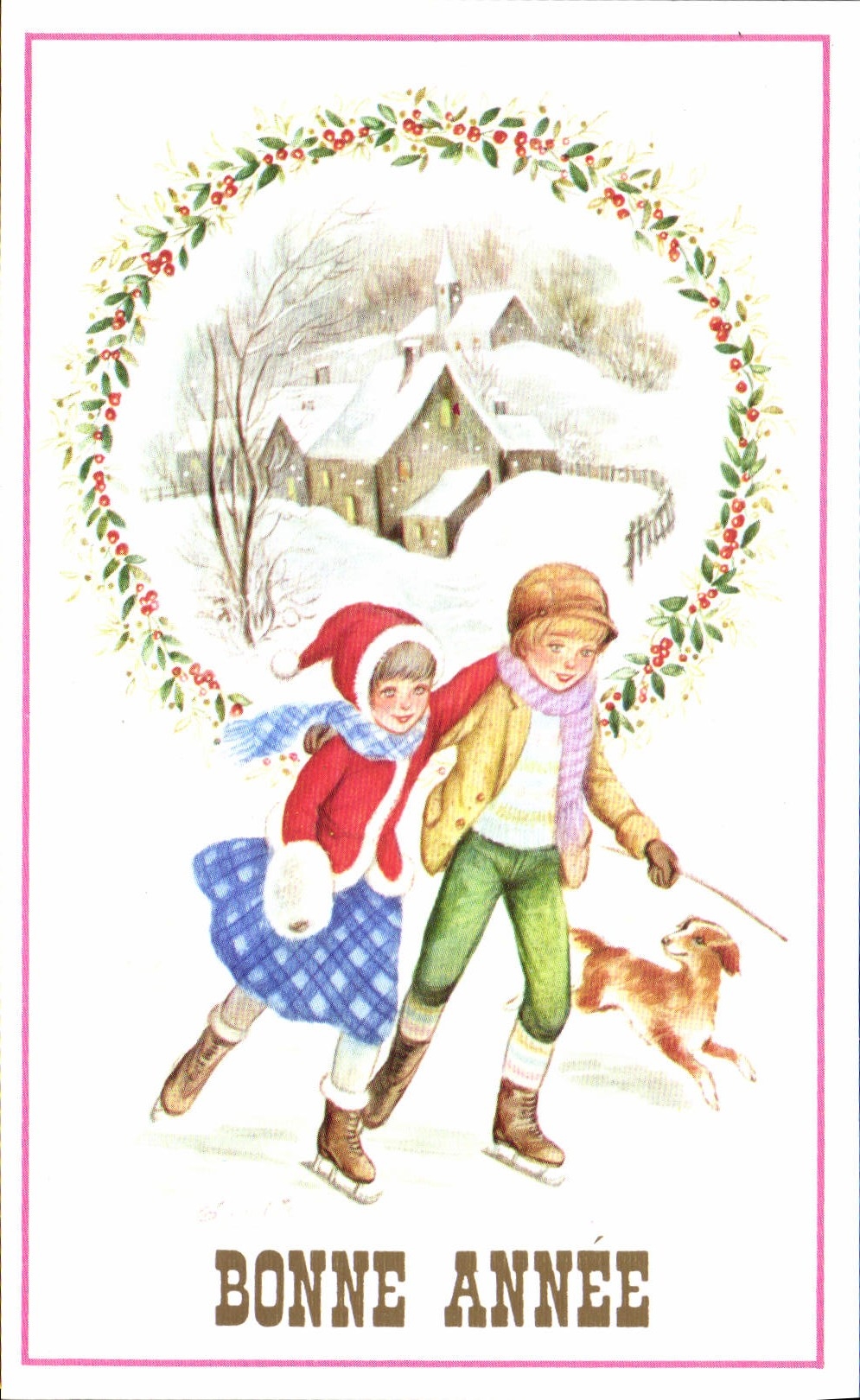 CPA Bonne Annee Enfants Patins a glace Chien