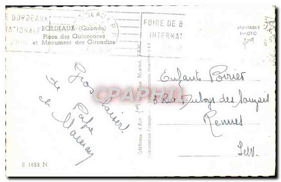 CPM Bordeaux Place Des Quinconces et Monument des Girondins — Verso